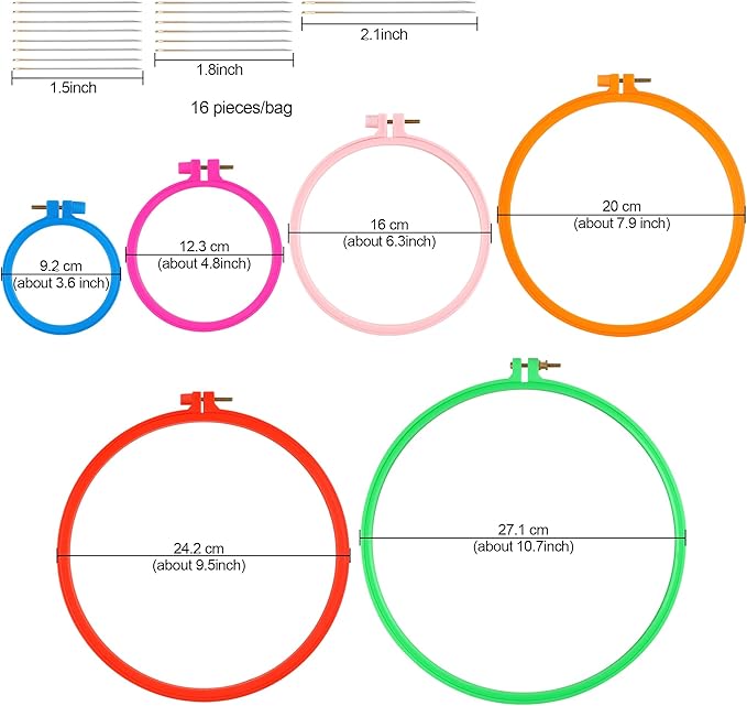 Phinus 6 Pcs Embroidery Hoop 6 Size, Round Plastic Cross Stitch Hoop with 16 Needles (3.6In to 10.7 in), Small Embroidery Hoop, Cross Stitch Hoops, Frames, Embroidery, Craft Sewing(Multicolor)