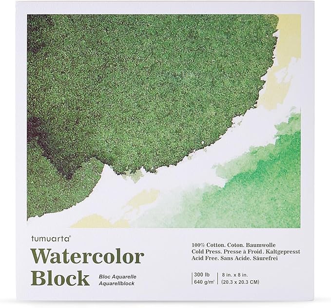 tumuarta Watercolor Block 300 LB, 640 GSM, 100% Cotton, 8X8”, 10 Sheets, Acid Free, Cold Press, Watercolor Paper Board Sketch Books for Watercolors, Acrylic and More