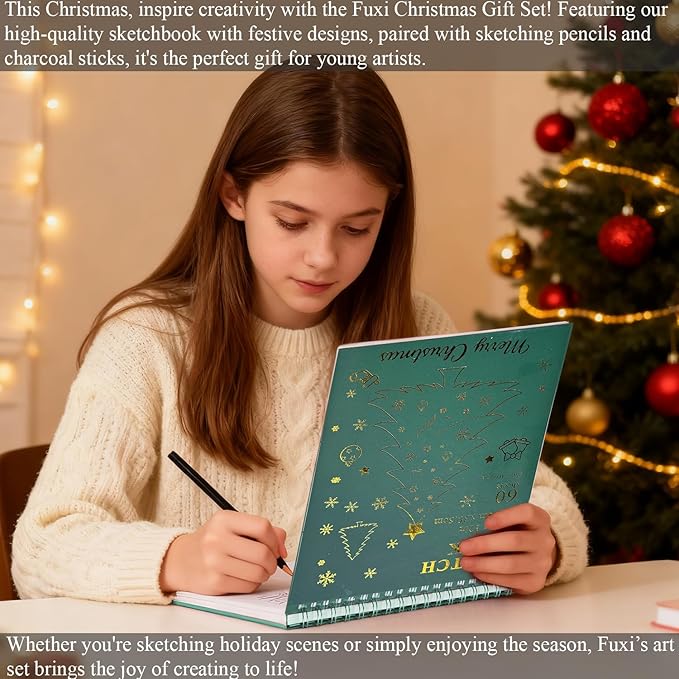 fuxi sketch pad and pencil set | stocking stuffers, art supplies for adults | gifts for artists, teen & beginners | complete drawing set with sketch book, sketch pencils, charcoal & graphite sticks.