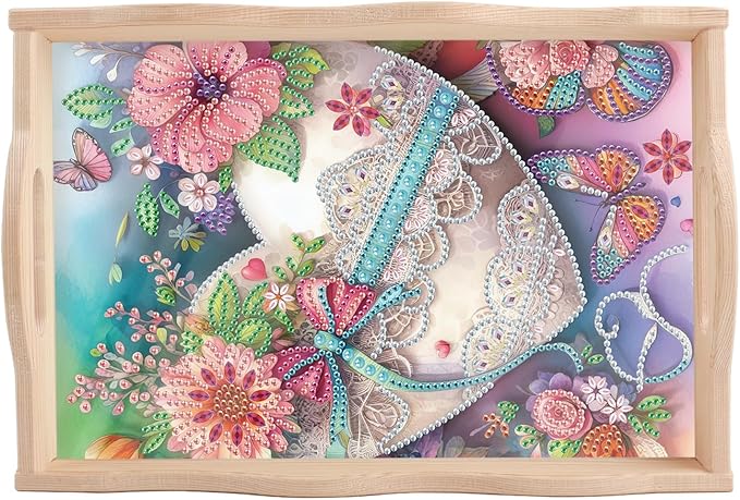5D Diamond Art Tray with Handle for Adults DIY Diamond Art Plate Kits Beautiful Flower Heart Picture Diamond Art Painting Dinner Plate for Coffee Living Room Home Organizer Parties Family Gatherings
