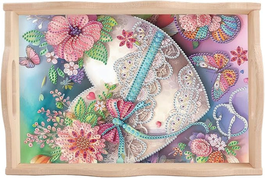 5D Diamond Art Tray with Handle for Adults DIY Diamond Art Plate Kits Beautiful Flower Heart Picture Diamond Art Painting Dinner Plate for Coffee Living Room Home Organizer Parties Family Gatherings