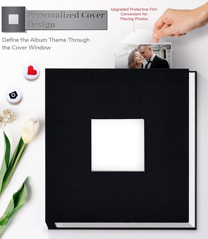 Photo Album Self Adhesive Scrapbook Album for 3x5 4x6 5x7 8x10 Pictures,40 Pages Linen Cover with Display Window DIY Photo Book,Ideal Gifts for Family Travel Wedding Baby