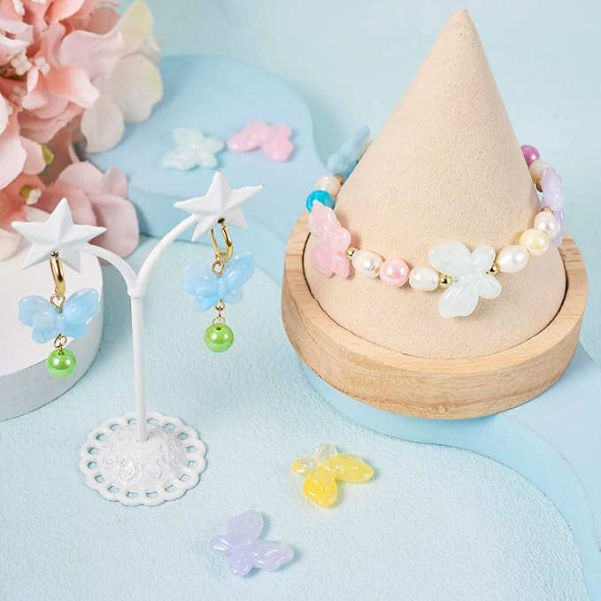 FASHEWELRY 80pcs Acrylic Butterfly & Pony Beads - Assorted Cute Kawaii Animals, Glitter, Colorful Kandi Bracelet & Necklace Beads for Jewelry Making