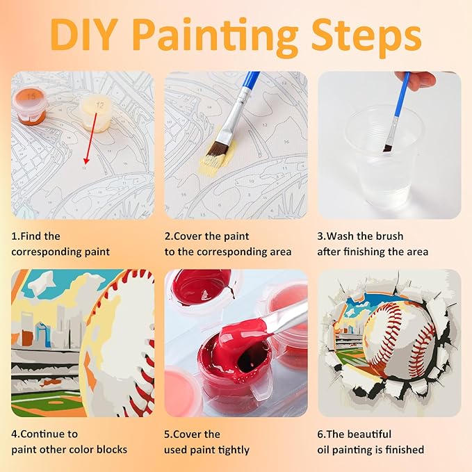 Paint by Numbers Kit for Kids with Frame, Baseball Paint by Numbers for Kids Ages 4-8-12, DIY Baseball Acrylic Oil Painting for Home Wall Art Decor Gift 7.8x7.8 inch (with Frame Easel)