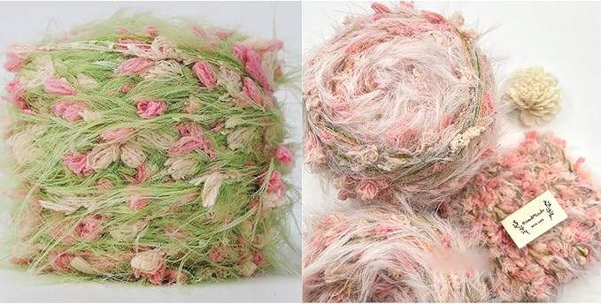 Hand Spun Yarn 4 Pack of 50g/Skein Wool Cotton Mohair Acrylic with Hand Art Blended Colorful Handmade (Green 2 Pack and Pink 2 Pack)