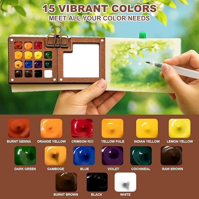Mini Watercolor Paint Set, Pocket Watercolor Set with 24 Colors Paint, Portable Watercolor Travel Kit for Artists, Beginners & Outdoor Painting, Compact Wooden Palette & Sketchbook in Storage Bag