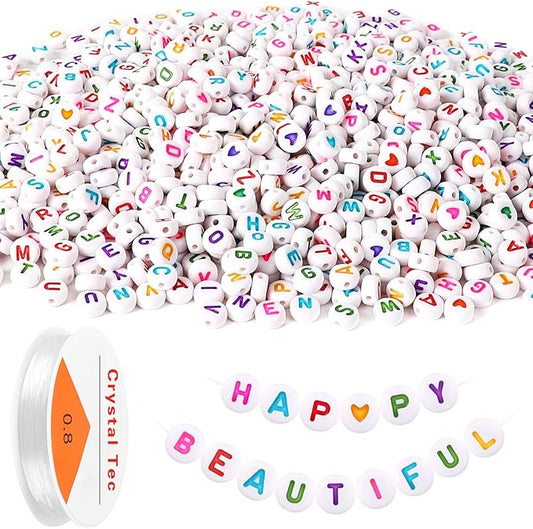 Letter Beads, DECYOOL Acrylic Alphabet Beads with 1 Roll Elastic String for Bracelet Necklace Jewelry Making Supplies (White Colorful)