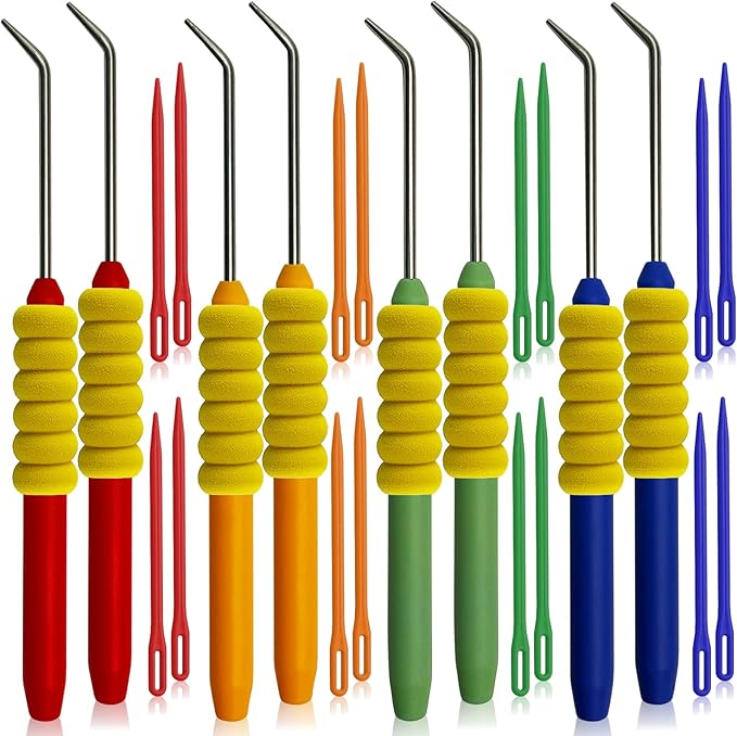 UCDRMA Knitting Loom Hook Refill Set, 8PCS More Comfortable Loom Knitting Hook with Soft Grip, Longer Stainless Steel Loom Crochet Hooks Kit (6in) & 16 Sewing Needles, Great Yarn Loom Knit Tools