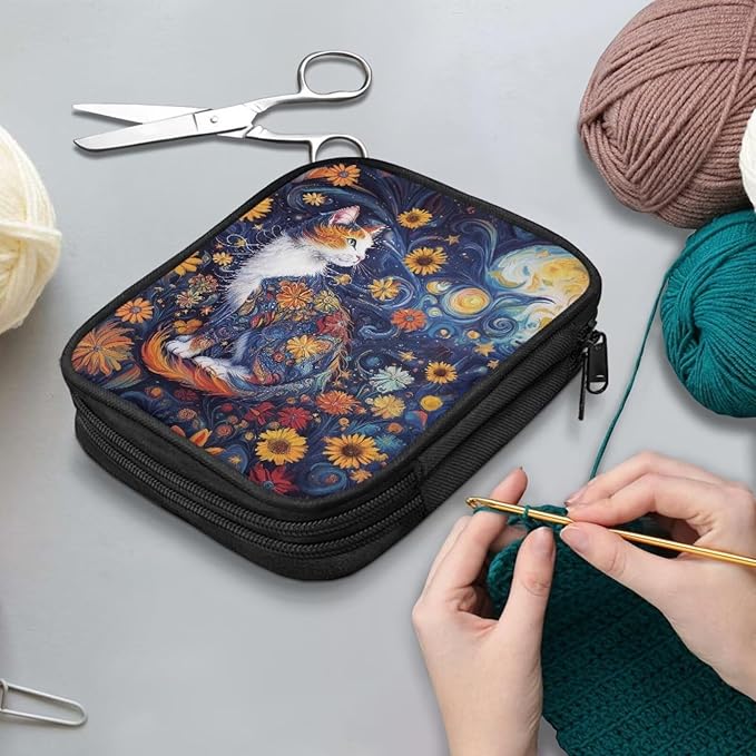 Hechitok Cat Flower Crochet Hook Case with Zipper and Web Pockets for Crochet Needles/Knitting Accessories Lightweight Organizer Bag for Crochet Hook Kit Tools
