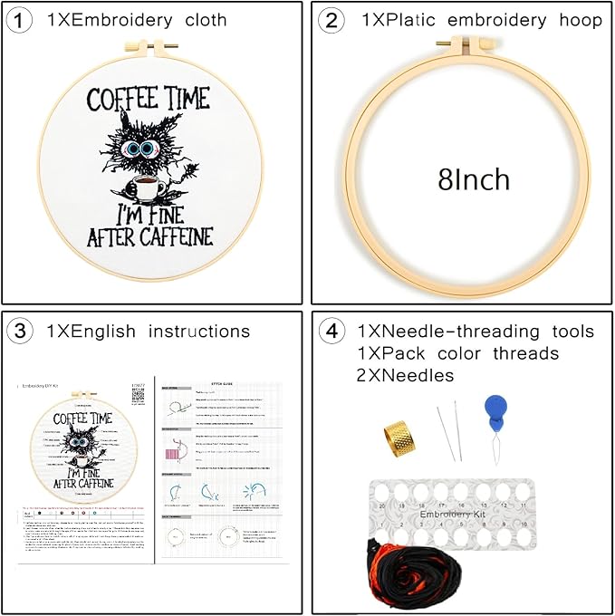 Cute Cat Embroidery Kits for Beginners Adults, Coffee Hand Embroidery Starter Kit, Stamped Cross Stitch Kits for Beginners Adult Craft Kit for Women, Entire Set of Embroidery Supplies & Video Tutorial
