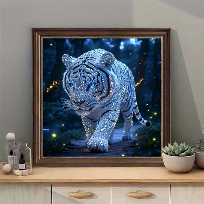 SHICERNHJ 5D Diamond Painting Kits for Adults, Animal Diamond Art Kits for White Tiger,DIY Full Round Drill Diamond Dots with Gem Art Craft for Beginner Home Wall Decor 14 X 14 Inch