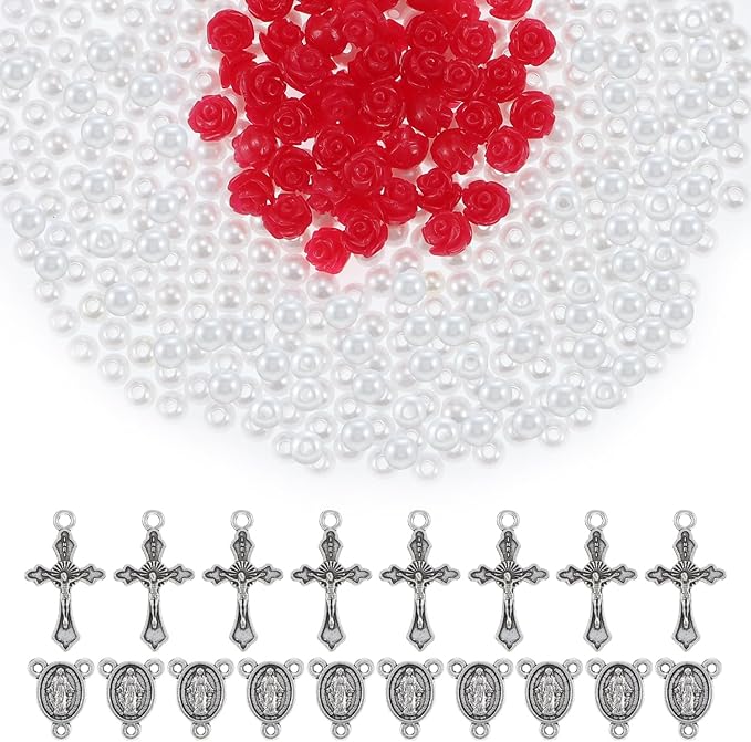 610Pcs Rosary Jewelry Making Kit, Rosary Pearl Beads Carved Rose Beads Rosary Cross Centerpiece Crucifix Medal, Rosary Prayer Making Supplies First Communion Necklace Bracelet Jewelry Making