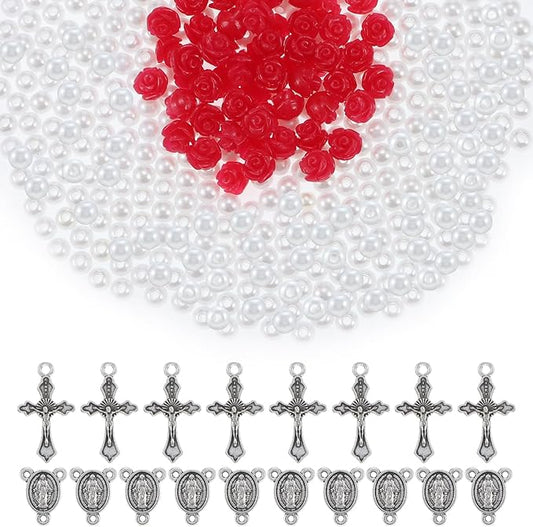 610Pcs Rosary Jewelry Making Kit, Rosary Pearl Beads Carved Rose Beads Rosary Cross Centerpiece Crucifix Medal, Rosary Prayer Making Supplies First Communion Necklace Bracelet Jewelry Making