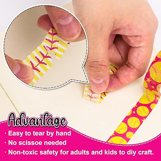12 Rolls Softball Washi Tape Softball Birthday Party Decorations Sports Ball Masking Tape Set Pink Yellow Decorative Wrapping Paper Tapes for Scrapbook Journal DIY Art Crafts