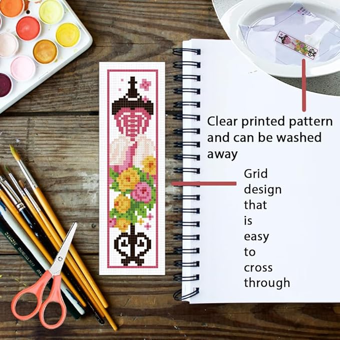 ORIGACH 6 Pcs Cross Stitch Bookmark Kit for Beginner Adults, Mannequin with Flowers Stamped Embroidery Bookmark Kit with Instruction for Starters Printed Cross Stitch DIY Kits for Book Lovers