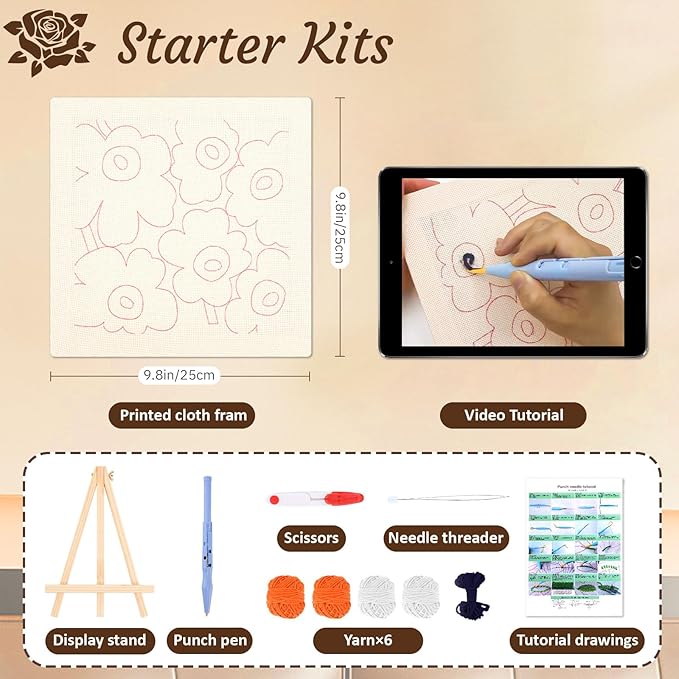 frartoold Punch Needle Kit for Adults Beginners, Plant Theme Embroidery Craft Kit，Embroidery Punch Needle kit Frame，Embroidery Starter Kits for Beginner Kids，Home Decor Gift Idea(Art Deco, Orange)