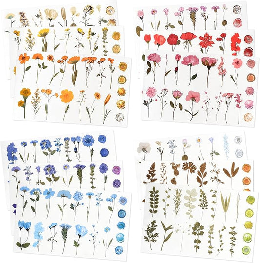 NESSCCI Pressed Flower Themed Stickers (Assorted 240 Pieces,12 Sheets) Scrapbook Supplies,Sticker for Journaling, Dried Floral Resin,Scrapbook Stickers,Junk Journal Sticker