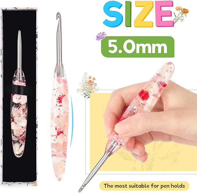 Katech 5.0mm Crochet Hook for Arthritic Hands, Hand-Polished Stainless Steel Ergonomic Crochet Hooks with Customized Sparkle Dried Floral Grip, Soft Tapered Hook-Crochet Gift for Beginner & Crocheter