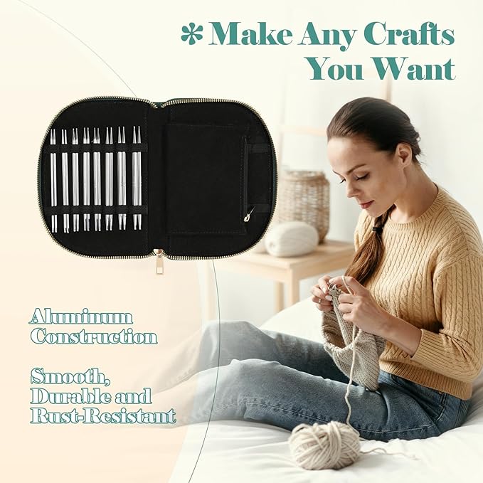 Yarniss Stainless Steel Circular Knitting Needle with Case,11 Size Interchangeable Knitting Needles with Rotating Cables 2.0~5.0mm,4.92-Inch Lace Knitting Needles Set