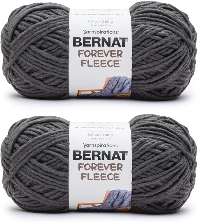Bernat Forever Fleece Coal Yarn - 2 Pack of 280g/9.9oz - Polyester - 6 Super Bulky - 194 Yards - Knitting/Crochet