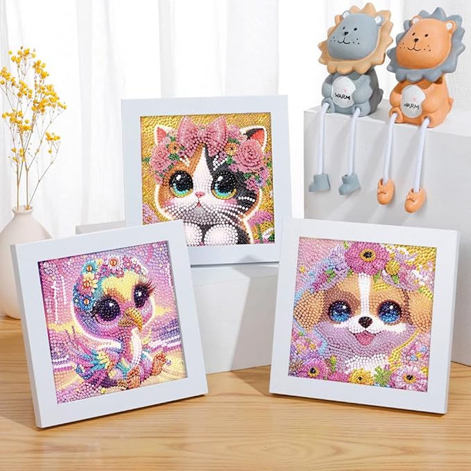 cdjlddww 4 Packs Cartoon Diamond Art Kits for Kid,5D Cute Animals Diamond Arts Mosaic Kits for Kid Beginner,DIY Full Round Drill Gem Art for Home Wall Decor Kids Present 6X6 inch(Without Frame)