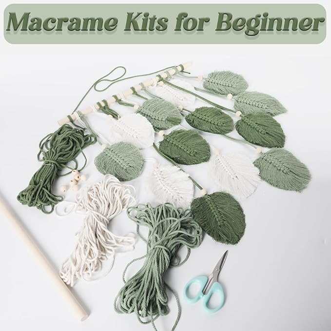 Crystalberry Large DIY Macrame Leaf Wall Hanging Kit 20.4in × 15.7in Bohemian 13 Green Leaves Decor DIY Craft Woven Yarn Tapestry for Living Room Bedroom