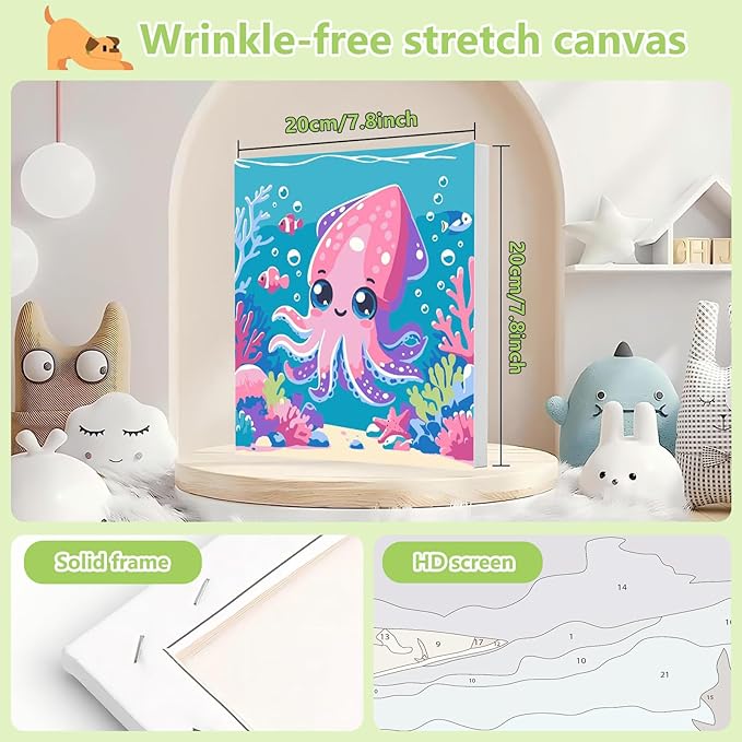Reivworl Paint by Numbers Kit for Kids with Frame and Easel, Octopus Paint by Number for Kids Age 6-8-12, Paint by Numbers Kits for Gifts and Home Decor - 8X8Inch