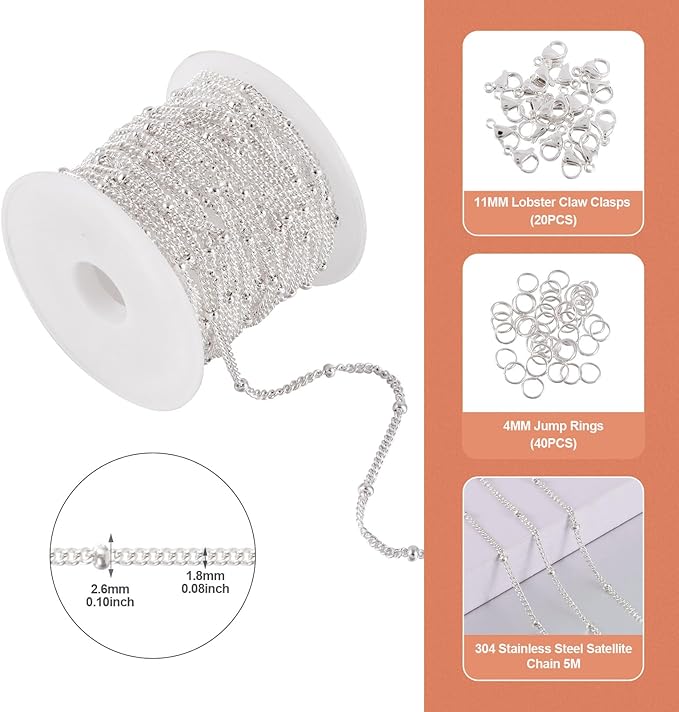 Sparkeads 5M Silver Chain for Jewelry Making,Stainless Steel Chain,Silver Link Necklaces for Women,Cable Chain Bracelet Chains for Bracelet DIY Earring Craft Supplies Jewelry Making,1.8-2.6x0.5mm