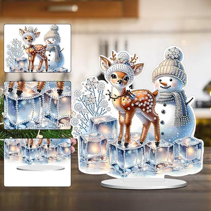 LAKEQUILL Christmas Desktop Diamond Art Kit for Adults Christmas,DIY Stand Up Double Sided Special Shaped Diamond Art Desktop Ornaments for Home Office （Adorable Snowman Fawn）