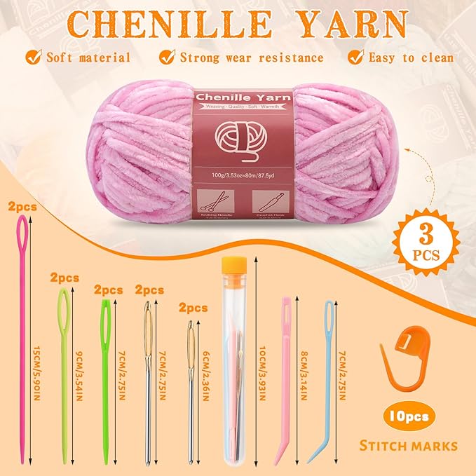 LUNARM Chenille Yarn for Crocheting Knitting, 3 Skein 263 Yard Thick Soft Chunky Fluffy Weaving Plush Yarn for Blankets Clothes Pattern Creations with Big Eye Needles (Light Pink)