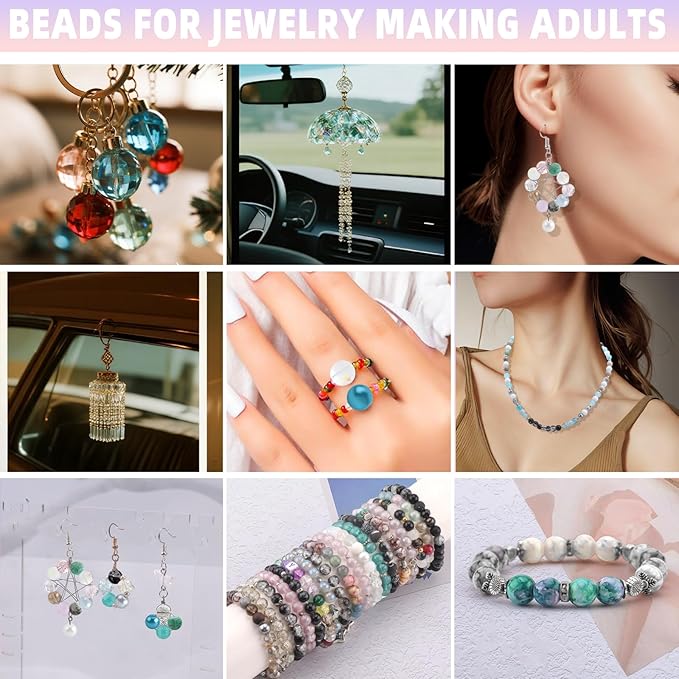 rired 27 600pcs 8mm round glass beads for jewelry making, 24 colors crystal glass beads kit including crackle/stone/pearl beads for bracelet necklace diy supplies adults christmas decoration