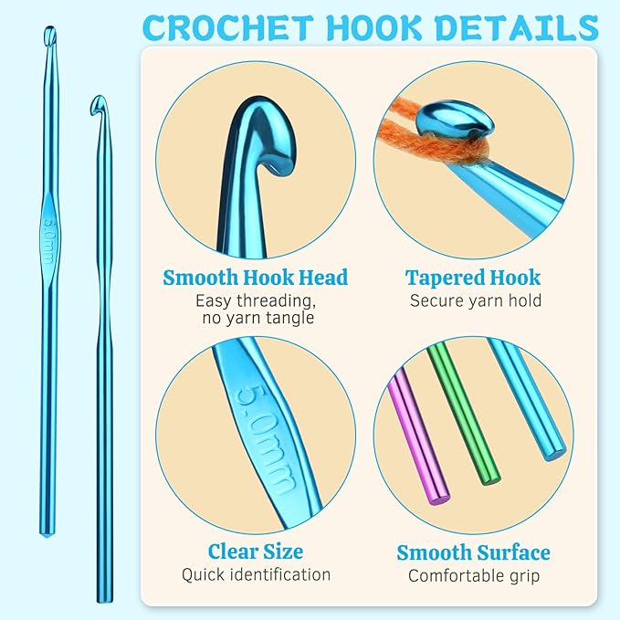 UzecPk 12Pcs 5mm Crochet Hooks Aluminum Ergonomic Handle Crochet Hook Set, Metal Crochet Needles Bulk for Arthritic Hands Crocheting Yarn