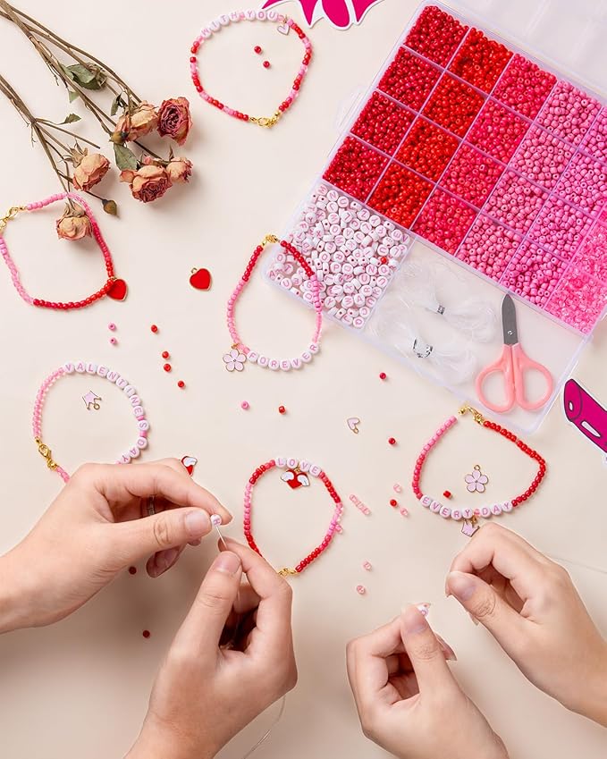 Goldwise Valentine’s Day Friendship Bracelet Kit for Adults – Pink Glass Seed Beads, 6 Unique Styles, Letter Beads and Charms, Romantic Jewelry Gift for Couples