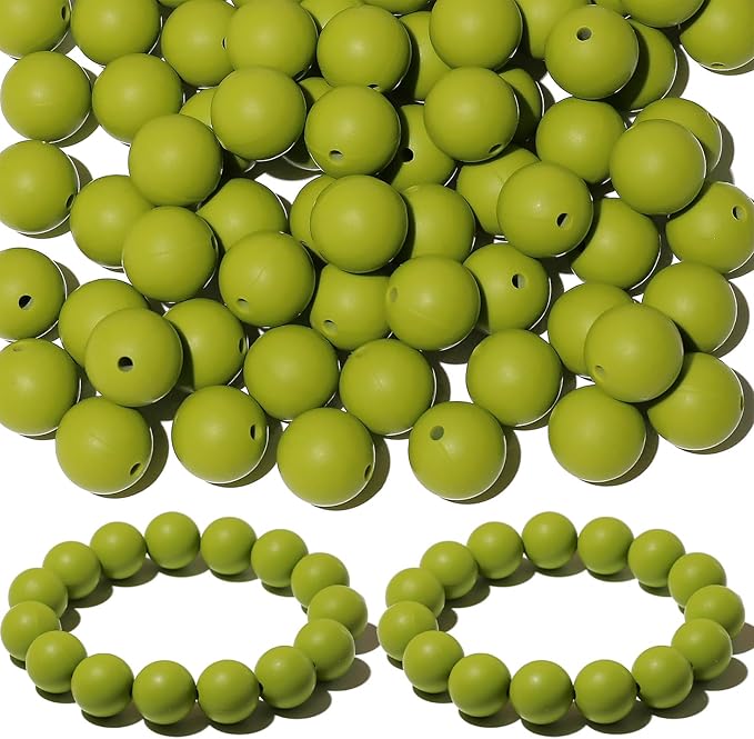 120pcs Richbunnys 15mm Bulk Silicone Beads for Pens and Keychain Making,Large Bead for Necklace and Bracelets Making,Assorted Rubber Beads Set（Bean Green）