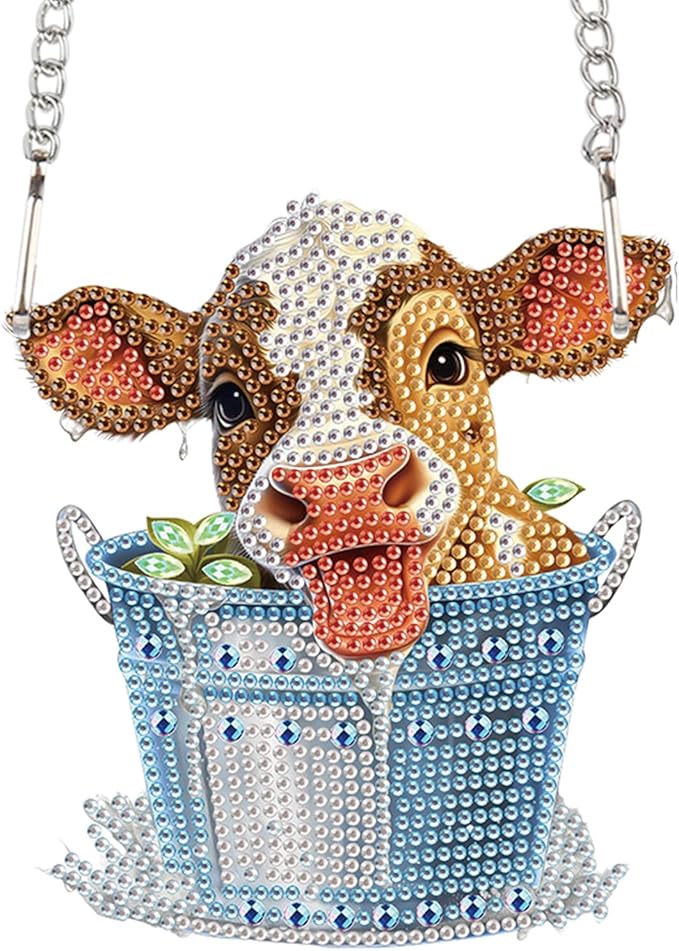 AiYuanzsh Cow in Barrel Diamond Art Hanging Pendant Kit, 5D DIY Acrylic Special Shaped Rhinestone Diamond Painting Ornament for Wall, Door, or Garden Decoration, Handmade Craft Gift for Adults