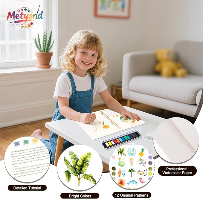 Metyond Watercolor Workbook - Watercolor Coloring Book with 1 Workbook 12 Colors Paint Set with Brush, Beginner Friendly Watercolor Workbooks Set Gift for Adults Teens (Tropical)