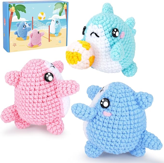 crochet kit for beginners -3 pcs sharks with a ball crochet kit with step-by-step video tutorials, beginner crochet kits for adults, crochet animal kit, shark beach party crocheting set