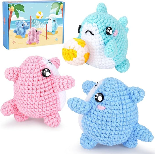 crochet kit for beginners -3 pcs sharks with a ball crochet kit with step-by-step video tutorials, beginner crochet kits for adults, crochet animal kit, shark beach party crocheting set