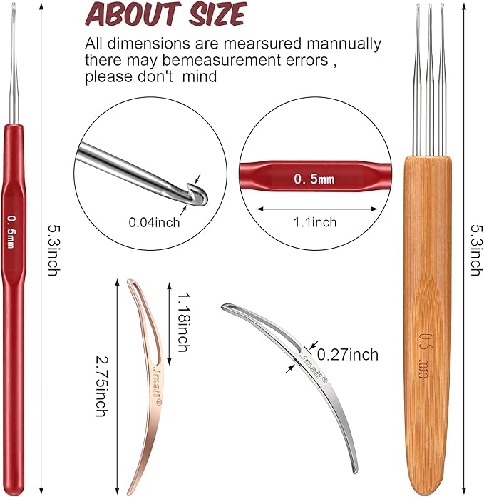 WILLBOND 14 Pcs Dreadlock Crochet Hook Set Include 6 Dreadlocks Crochet Needle 2 Hair Locking Tools 6 Hooks 0.5 mm 0.75 mm Needle Weaving, 1/2/3 Hooks for Locs Braid Craft(Red)