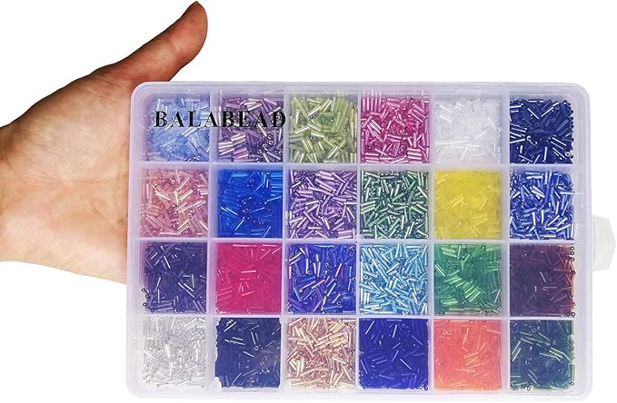 Size 6mm Glass Bugle Beads with Beading Needles About 7200pcs in Box,24 Multicolor Assortment Length 6mm Tube Beads for Jewelry Making (300pcs/Color, 24 Colors)