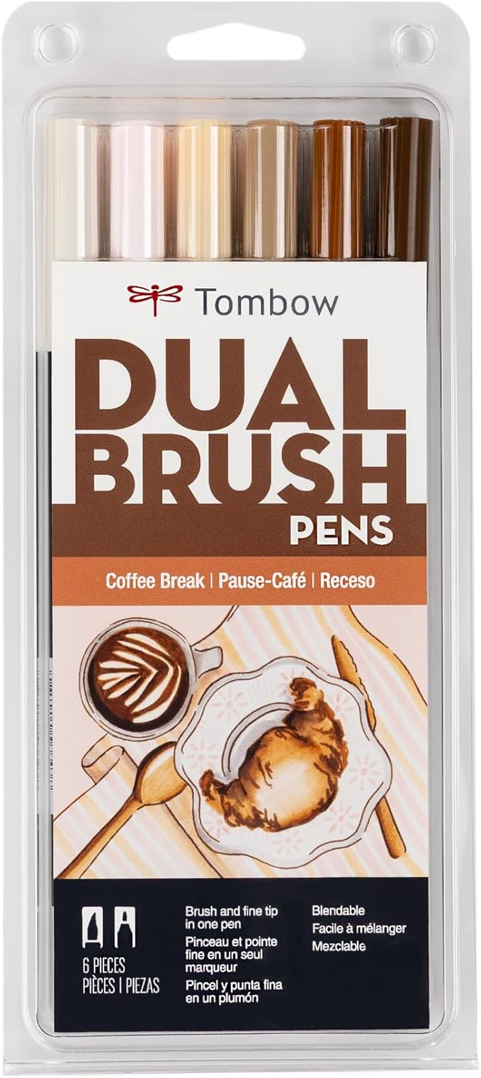 Tombow 56241 Dual Brush Pen Art Markers, Coffee Break, 6-Pack, Water-Based Ink, for Hand Lettering, Watercolor, Fine Art