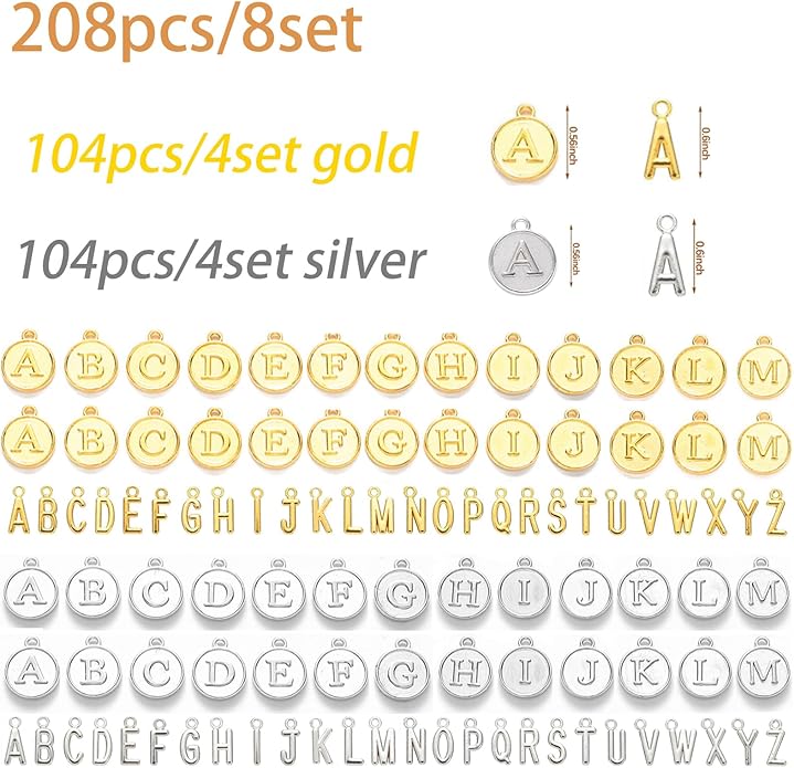 208Pcs/8 Sets Silver Letter Charms A-Z Alphabet Metal Initial Charms kit for Jewelry Making DIY Bracelets Necklaces and keychain making