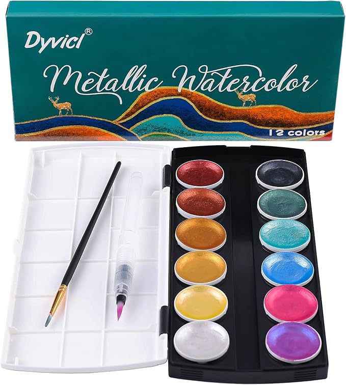 Dyvicl Metallic Watercolor Paint Set, 12 Shimmer Colors with Water Brush, Glitter Watercolors for Painting, Illustrating, Card Making, Coloring Books