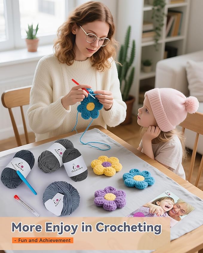 Aeelike Beginner Crochet Yarn Kit w 4 Different Materials Grey Yarns (Polyester, Cotton, Acrylic, Milk Cotton,) & 2 Ergonomic Hooks (G&7), Ideal Starter Crochet Set for Beginners
