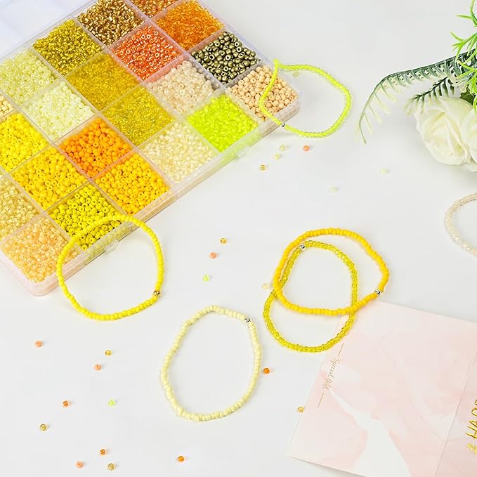 Vtssvow 3mm Glass Seed Beads for Bracelets Making, 24 Colors 10000pcs Friendship Bracelet Making Kit, Small Glass Beads for Jewelry Making (Mix 24 Color, Yellow)