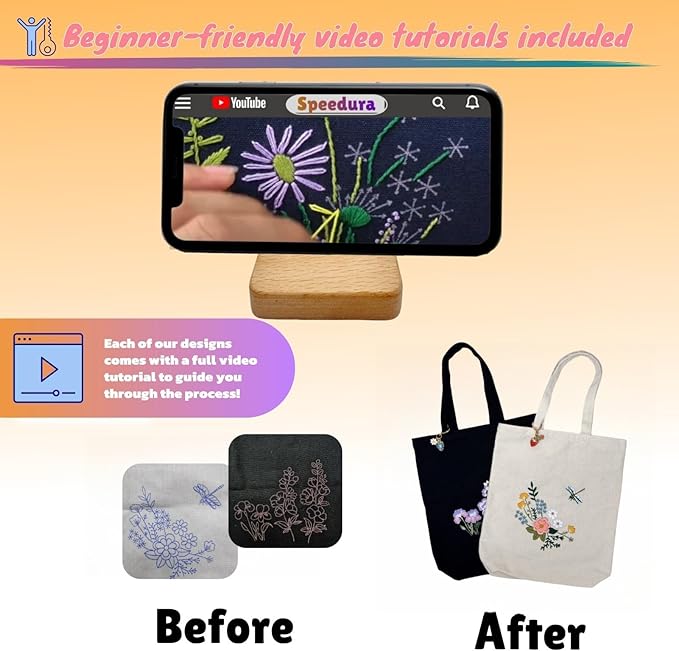 Speedura Embroidery Kit for Beginners – Dual Canvas Tote Bags with Floral Cross Stitch Patterns | Complete Needlepoint Set Includes Hoops, Threads & Step-by-Step Video Tutorial (Beige & Black Set)