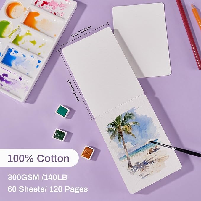 Lightwish 60 Sheets Mini Watercolor Sketchbook Cold Press 300gsm/140lb, Travel Size Portable Tearable Square Painting Notebook, Square Watercolor Sketch Book Art Paper 3.5 x 5.1 inch