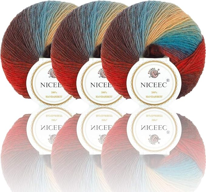 NICEEC 3 Skeins 100% Wool Rainbow Yarn Soft Gradient, Self-Striping, Colorful Single Ply Yarn for Crochet & Knitting - 14#