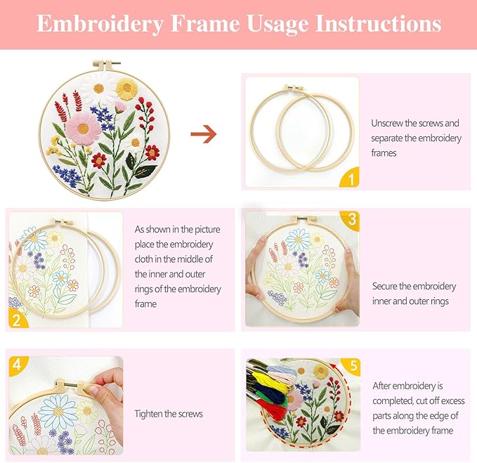 Zhenqing 4-Piece Floral Embroidery Kit for Beginners - Complete Set with Sunflower, Daisy Designs & Pre-Printed 29x29cm Cotton Fabric, Hoop, Threads & Tools(C0166)