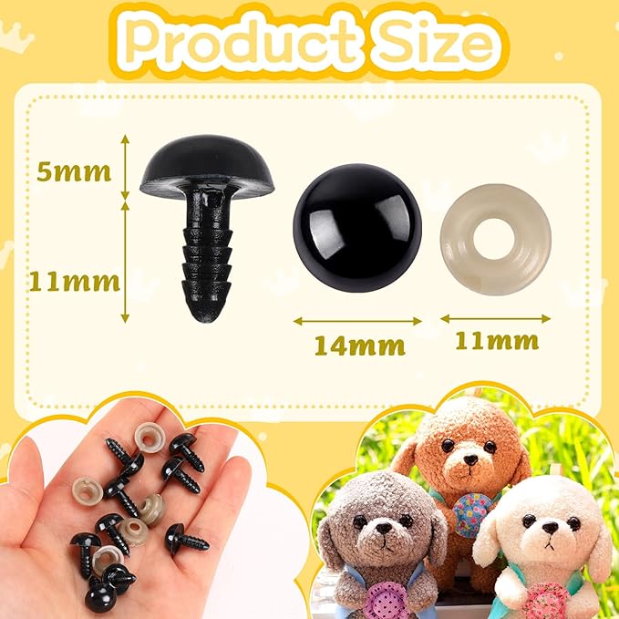 UPINS 600 Pieces 14MM Safety Eyes with Washers Black Plastic Safety Eyes for Amigurumi Doll Crochet Eyes for DIY Crafts Stuffed Animals Making Supplies
